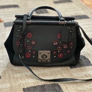 Coach Black and Red Floral Satchel with Silver Hardware